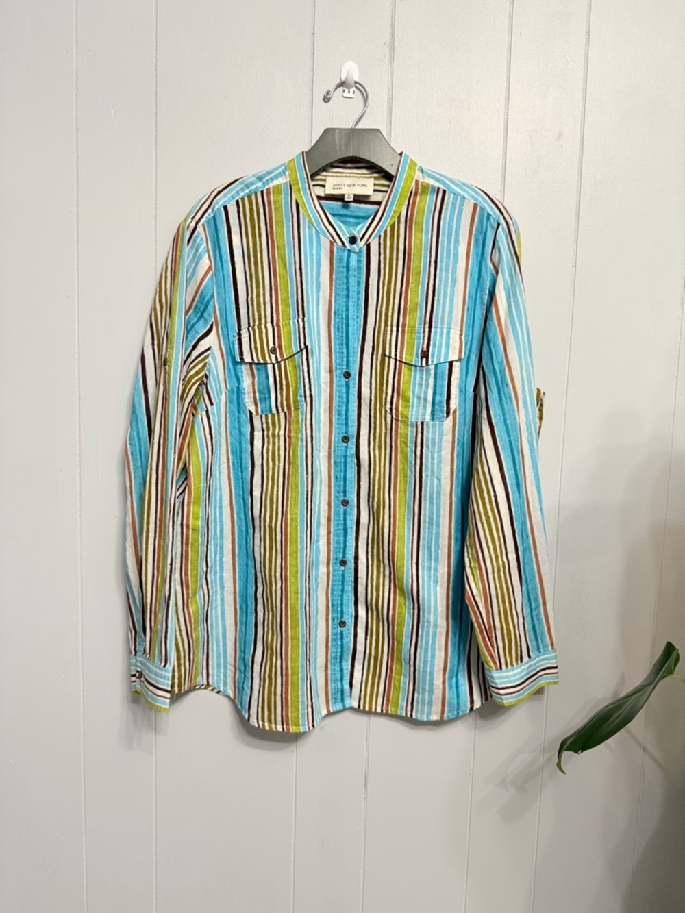 Jones New York Sport Multicolor Vertical Stripe Button Up Shirt Teal XL Cotton